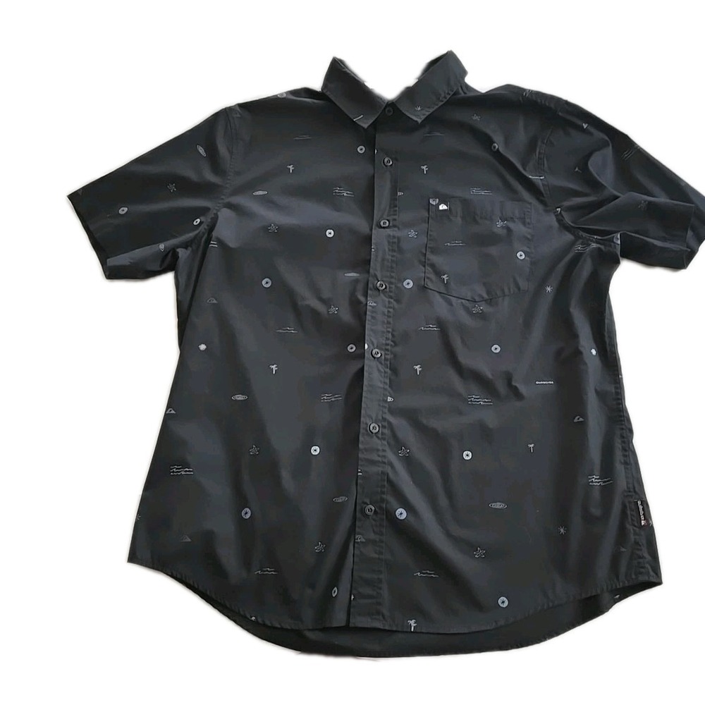 Quiksilver Mens XL Dark Blue Waves Short Sleeve Collared Button Down Shirt Surf